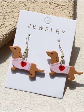 New Dachshund Dog Dangle Earrings - Pink & Brown